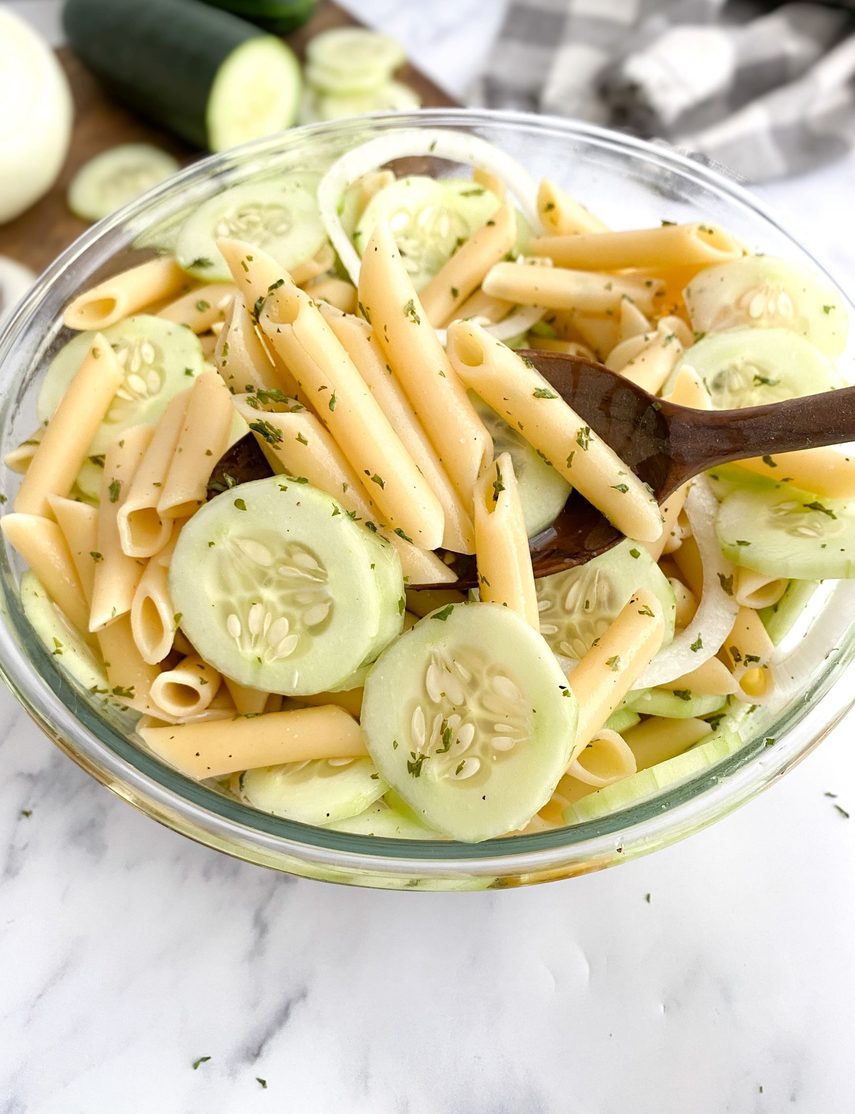 Cucumber and Pasta Salad made with Penne Noodles