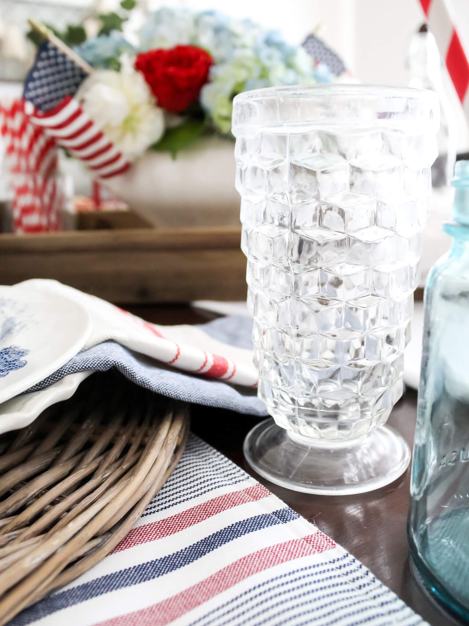 Tall textured drinking glass on a patriotic 4th of July tablescape