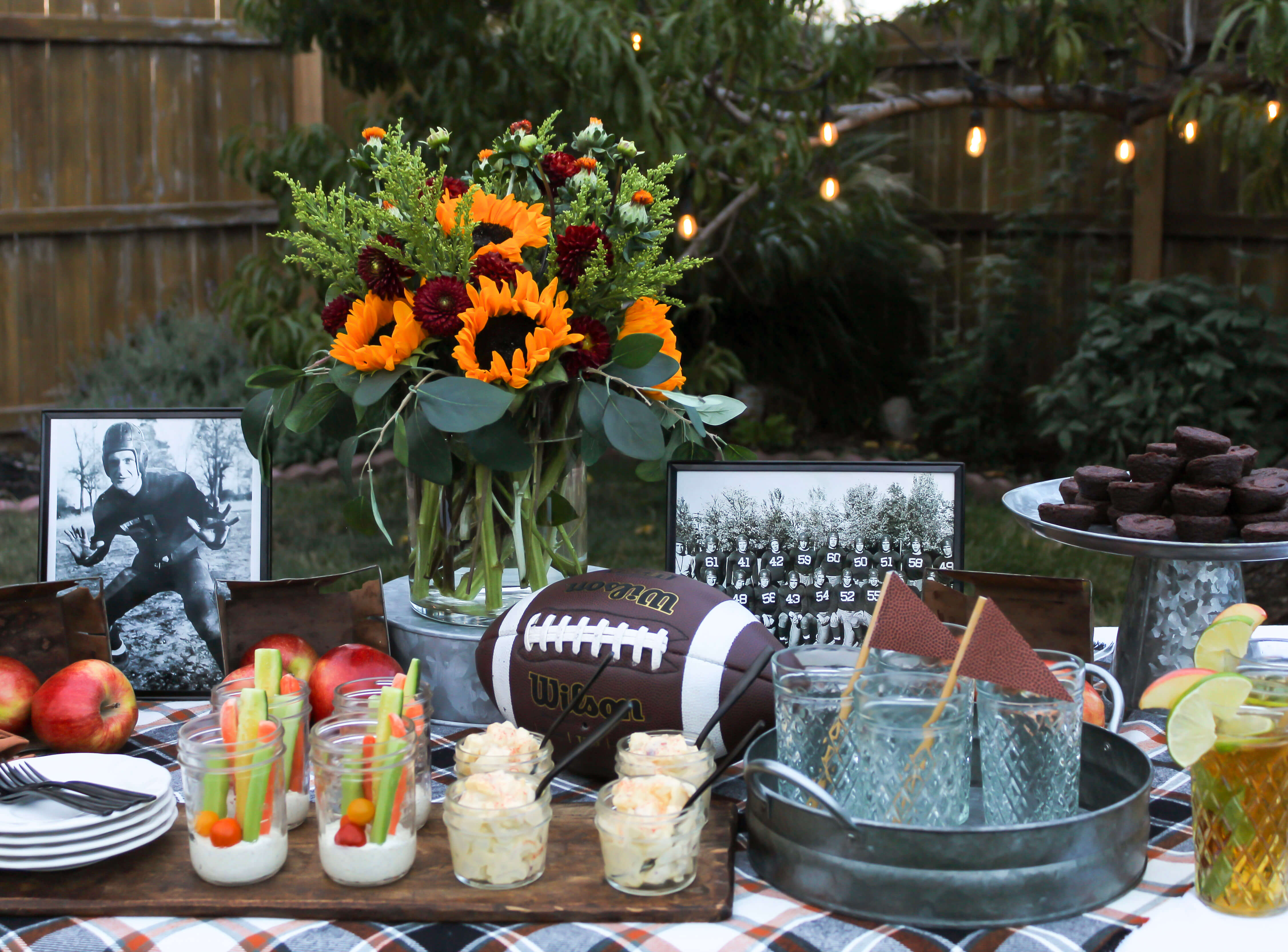 Table set up for backyard football party tailgate. 