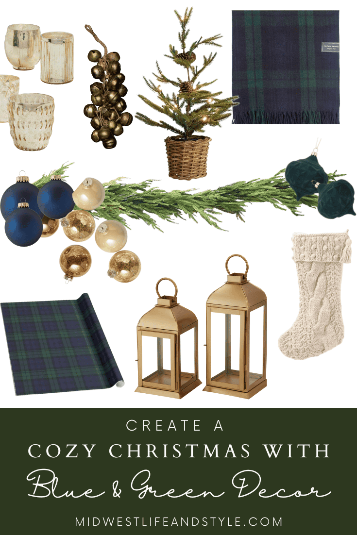 Collage of Christmas decor for decorating ideas using blue, green, and tartan plaid