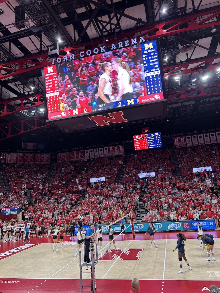 Inisde of John Cook Arena for a Husker volleyball game