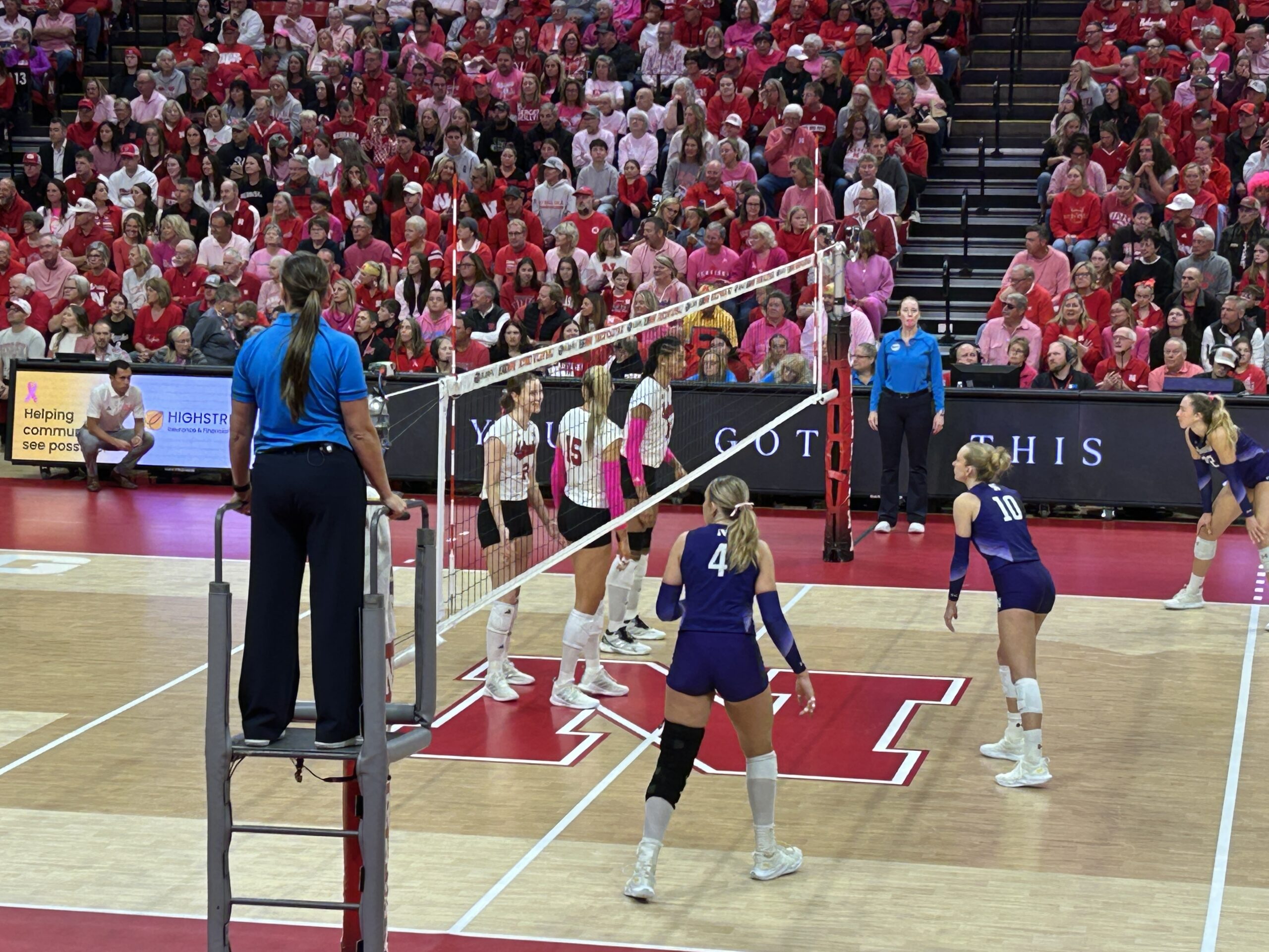 Nebraska Husker volleyball team playing a game at Bob Devaney Sports Center