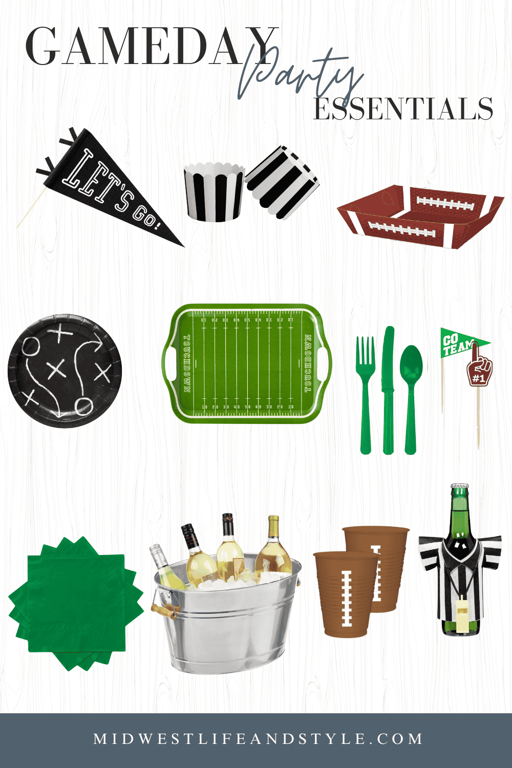 Shoppable graphic for game day party essentials including football-themed plates, napkins, serving trays, drinkware, and party decor.