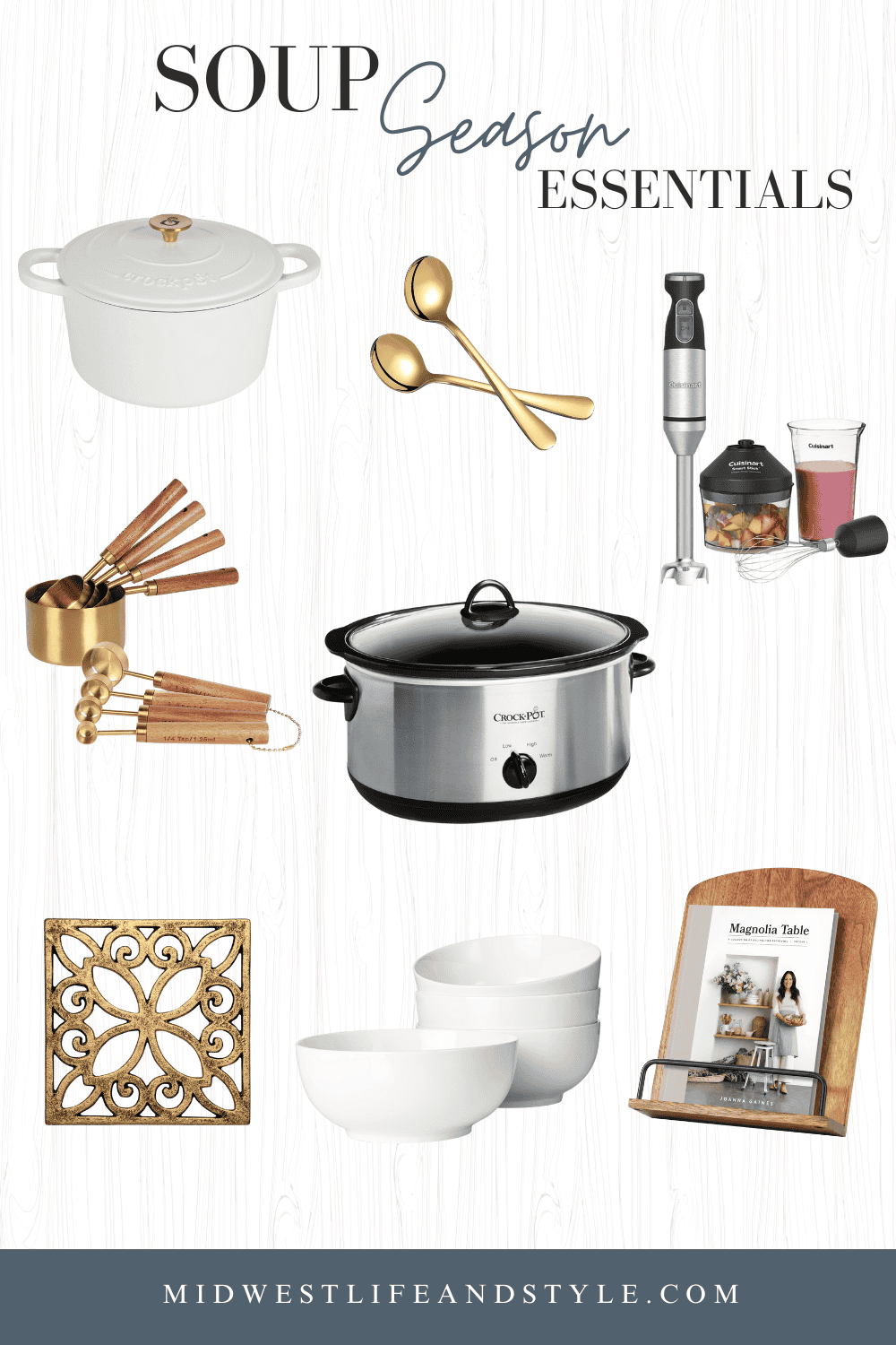 Shoppable graphic with soup season essentials including a slow cooker, soup bowls, ladles, measuring spoons, immersion blender, and serving accessories.