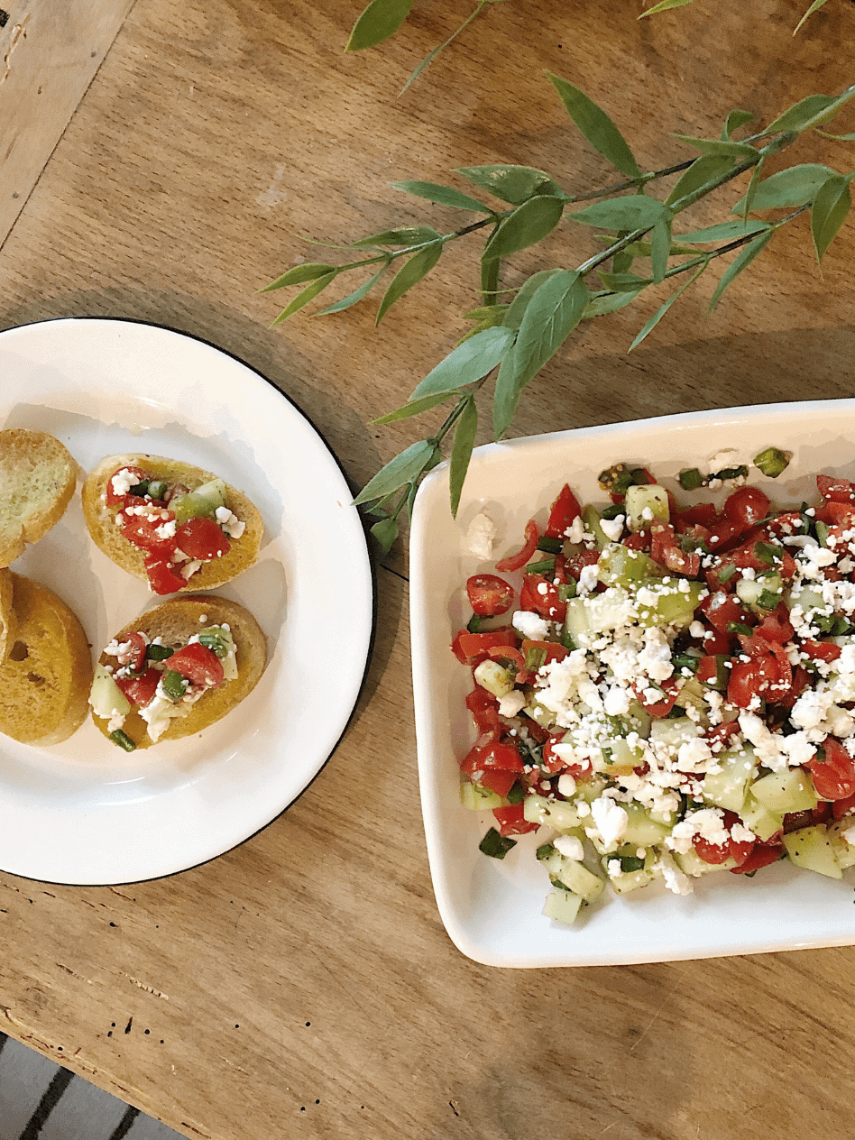 Overhead view of Italian bruschetta appetizer for an dinner party menu