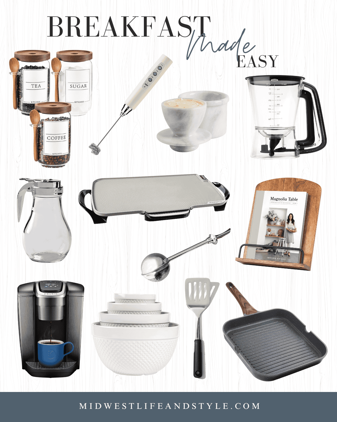 Graphic of favorite breakfast cooking tools and small kitchen appliance essentials from Amazon