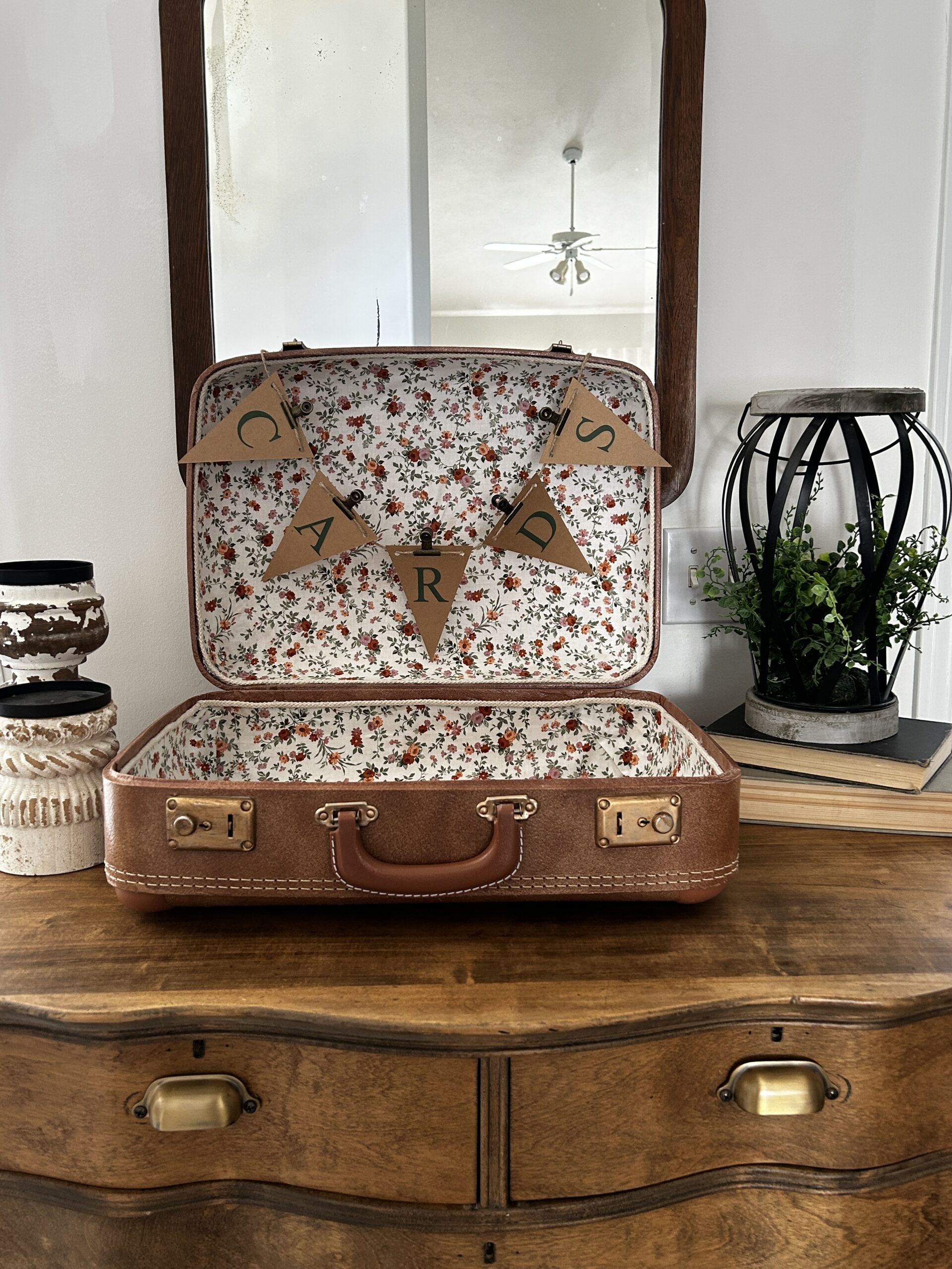 Finished DIY vintage suitecase cardbox with a banner attached that says "cards"