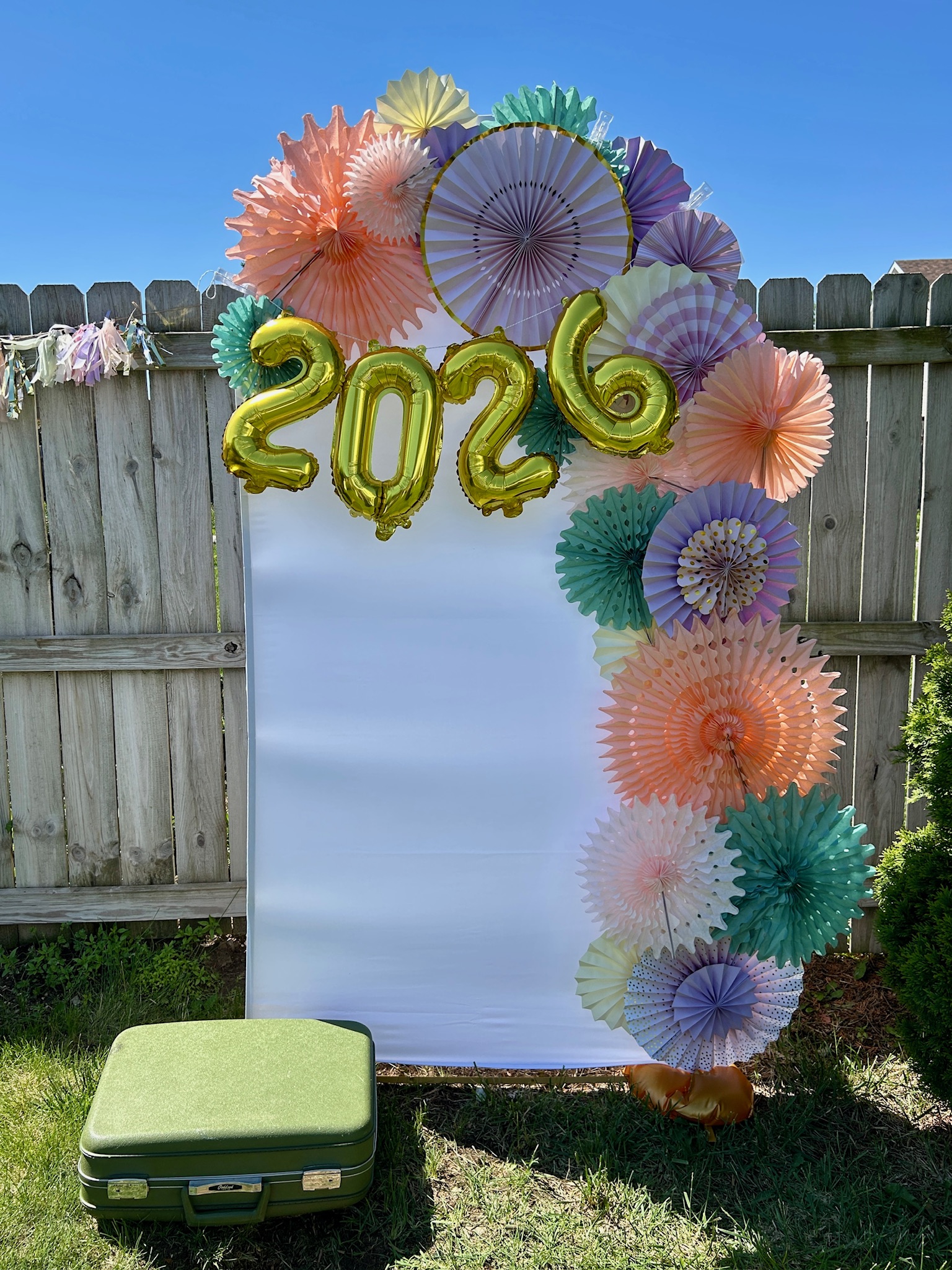 DIY graduation party photo backdrop with pastel paper fans, gold 2026 balloons, and a white background for guest photos.
