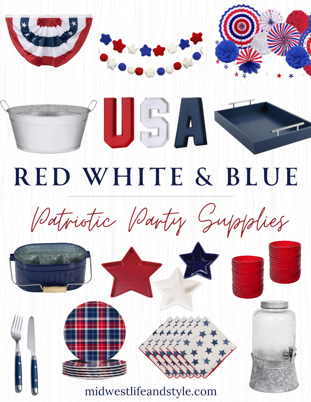 Shoppable graphic with red, white and blue patriotic party supplies