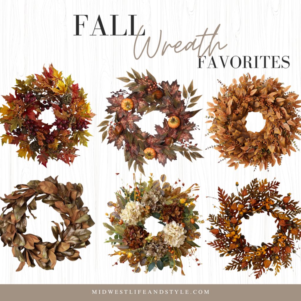 Six fall wreath ideas featuring autumn leaves, pumpkins, berries, magnolia leaves, hydrangeas, and seasonal greenery.