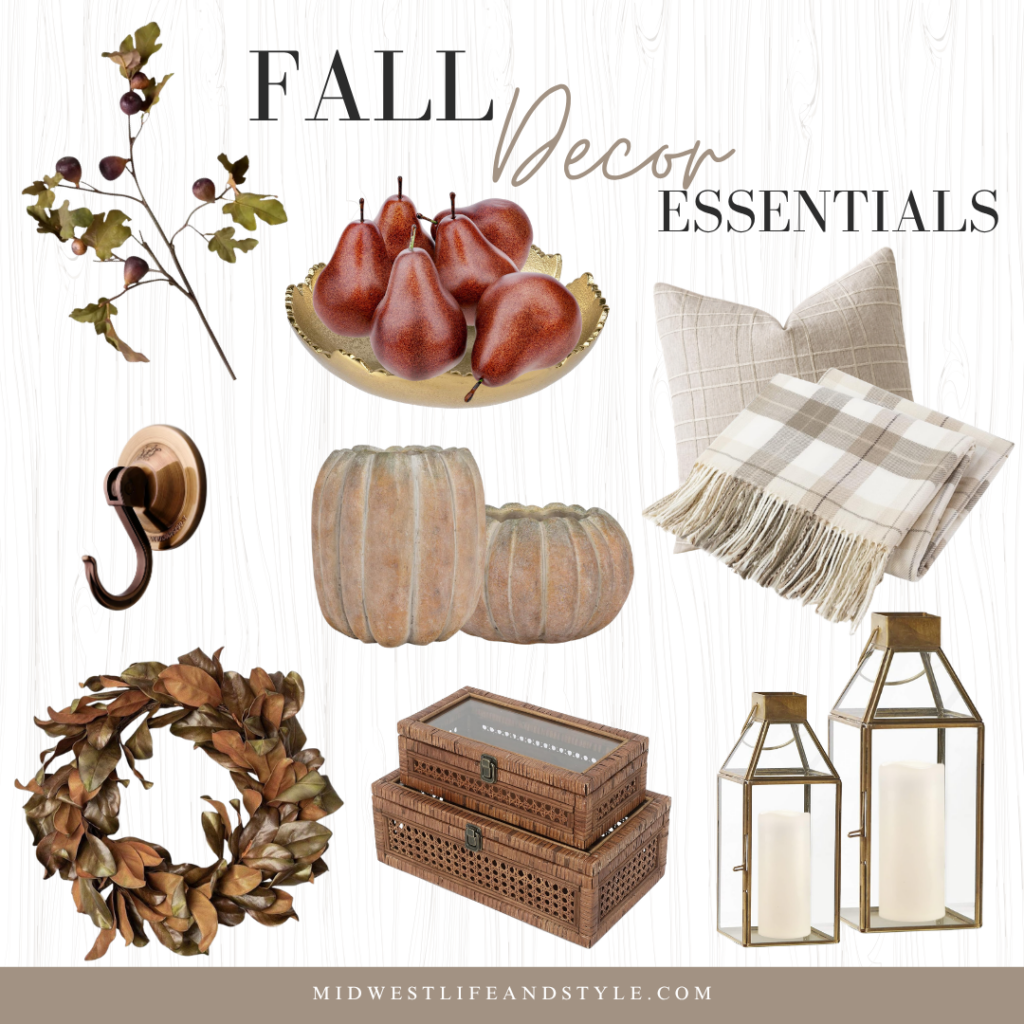 Fall decor essentials including decorative pears, pumpkins, plaid throw blanket, magnolia wreath, woven boxes, brass lanterns, and an acorn branch.