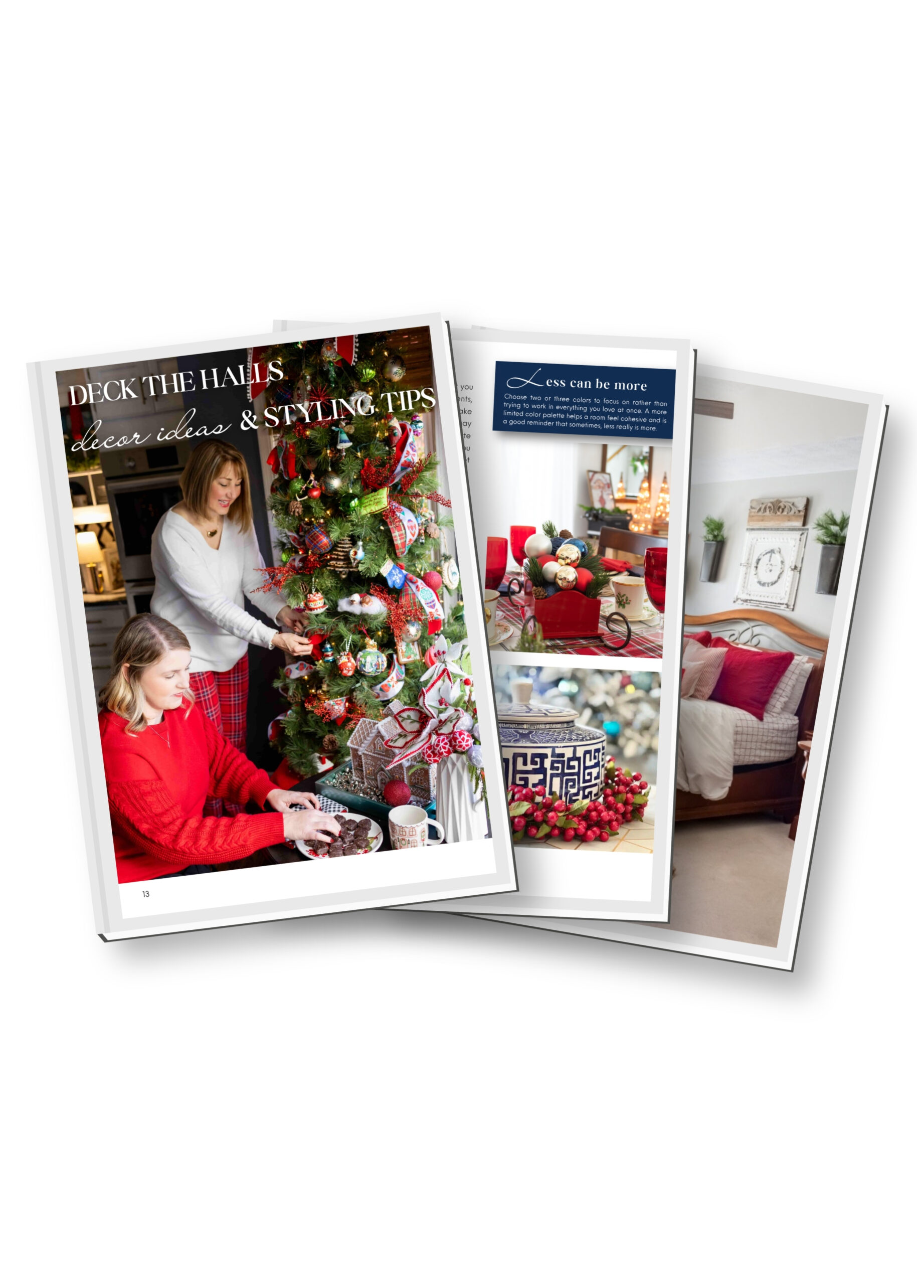 Preview pages from Twinkling Lights and Festive Bites featuring Christmas decorating ideas, tree styling tips, and holiday home decor.