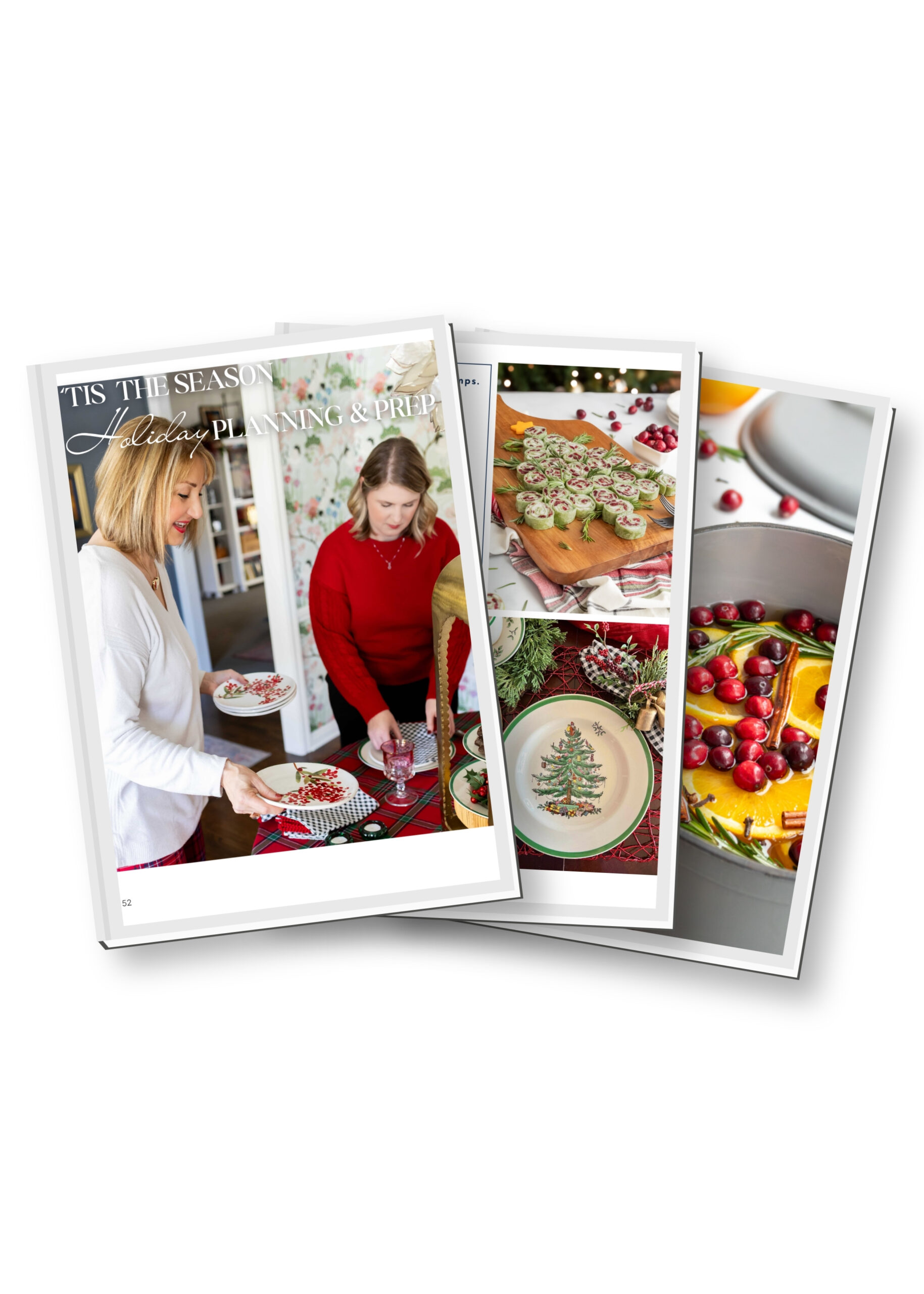 Preview pages from Twinkling Lights and Festive Bites featuring holiday planning, Christmas party prep, festive appetizers, and table setting ideas.