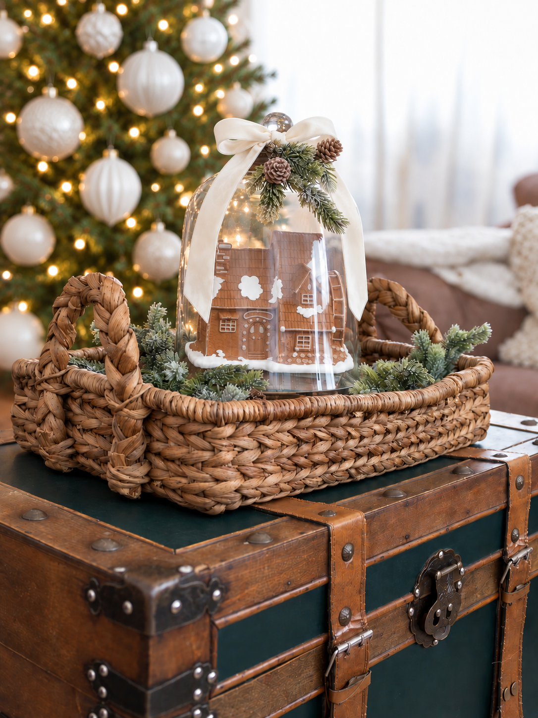 Green and white holiday color palette with a gingerbread house under a glass cloche, white ribbon, frosted greenery, and a Christmas tree with white ornaments.