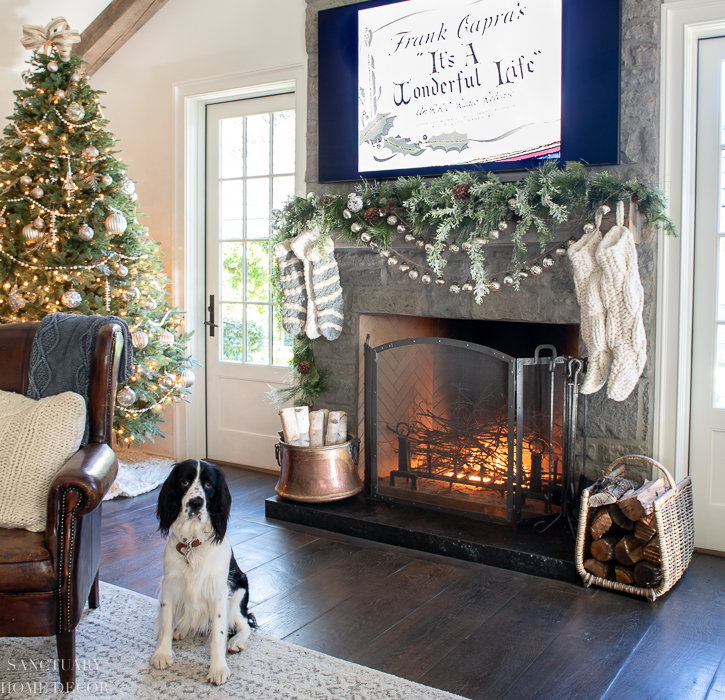 Silver and white holiday color palette with a Christmas tree decorated with silver and white ornaments and warm white lights.