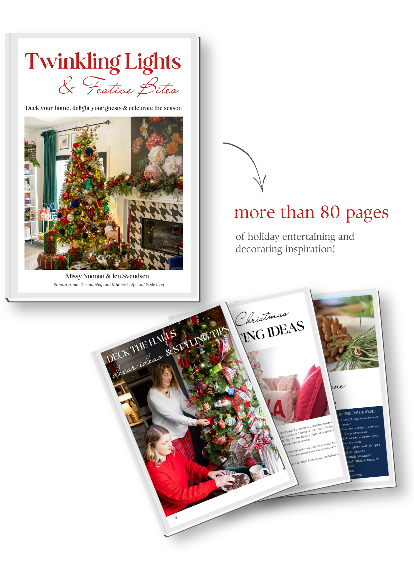 Twinkling Lights & Festive Bites holiday e-book cover with a Christmas tree and preview pages featuring holiday decorating and entertaining ideas