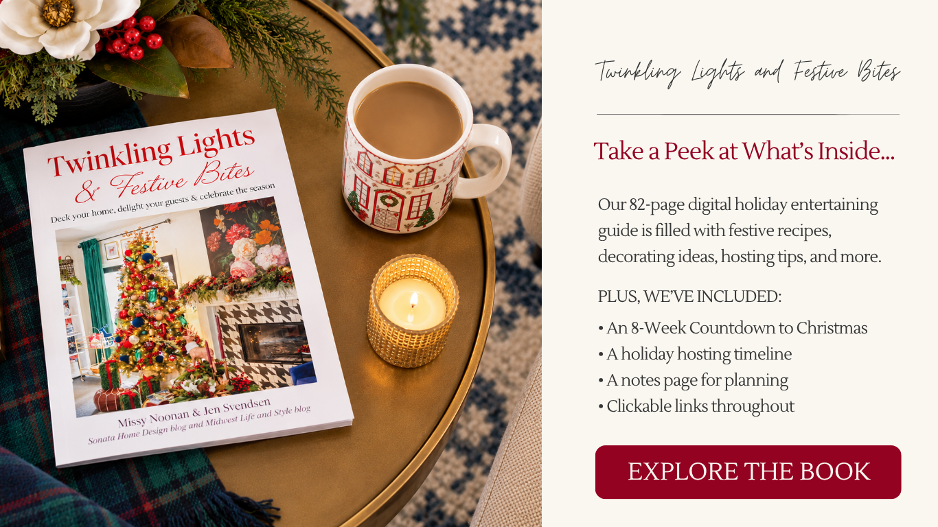 Graphic for Twinkling Lights & Festive Bites featuring the holiday entertaining guide, Christmas styling, bonus materials, and a link to explore the book.