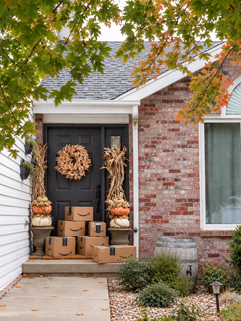 Fall front porch decorated with pumpkins and cornstalks with Amazon Prime packages stacked by the front door.