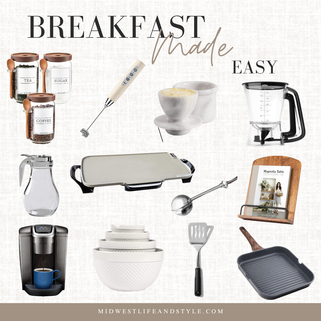 Collage of breakfast and kitchen essentials, including glass storage canisters, a milk frother, butter keeper, pancake batter dispenser, electric griddle, coffee maker, mixing bowls, and cooking utensils.