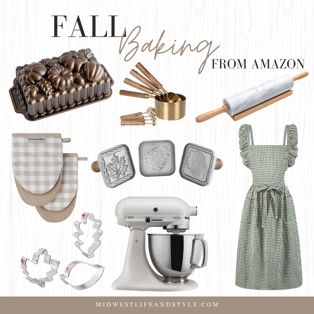 Collage of fall baking favorites from Amazon, including a pumpkin-shaped cake pan, gold measuring cups and spoons, marble rolling pin, gingham oven mitts, fall cookie cutters, mini baking molds, white KitchenAid stand mixer, and green gingham apron.