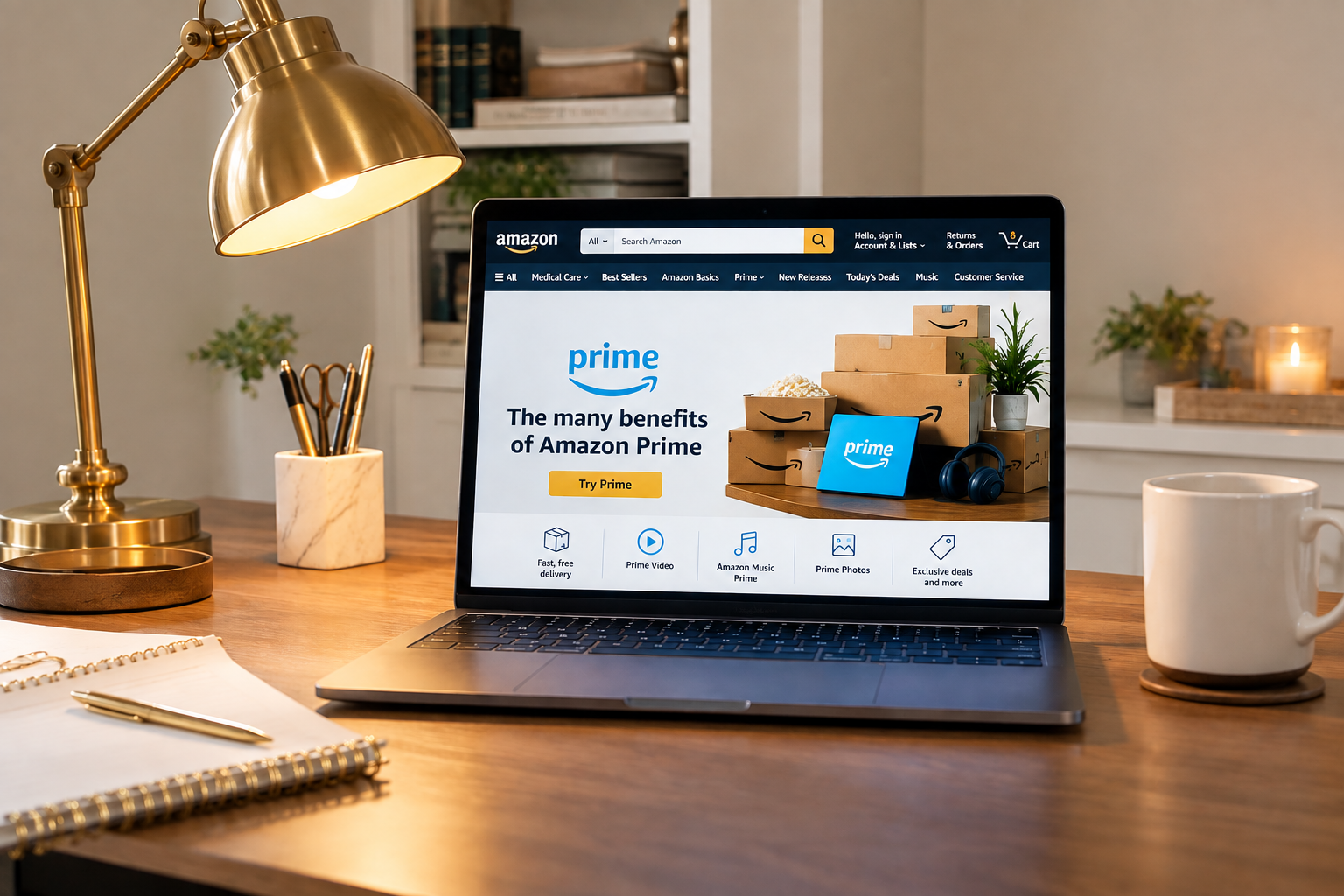 Laptop displaying Amazon Prime benefits on a wooden desk in a home office with a gold desk lamp and white coffee mug.